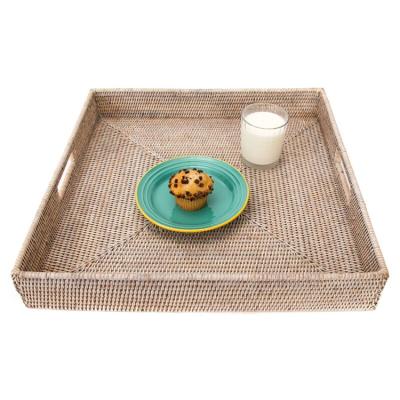 China Sustainable Large Handwoven Square Organizer Rattan Food Storage Tray With Handle For Cutlery for sale