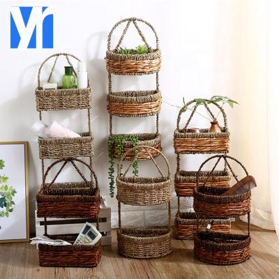 China Factory Eco-Friendly Rattan Woven Round Basket Wall 2 Floors, 3 Floors Storage Basket Planter Multi Layer Storage Rack Kitchen Basket for sale