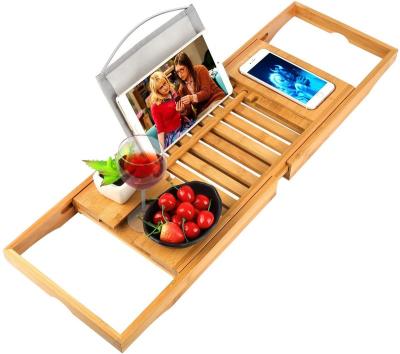 China Sustainable Bathtub Tray Bamboo Bathtub Tray with Expanding Sides Adjustable Book Holder with Tray Organizer Premium Luxury for Phone for sale