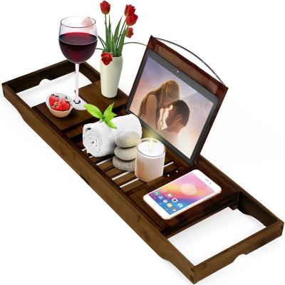 China Sustainable Luxury Bamboo Bathtub Tray Expandable Bathroom Tray With Reading Rack Or Shelf Premium Bath Tray Includes A Wine for sale