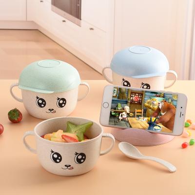 China New disposable wheat straw prevent hot children roll with fork and spoon cutlery set cartoon baby eat rice bowl for sale