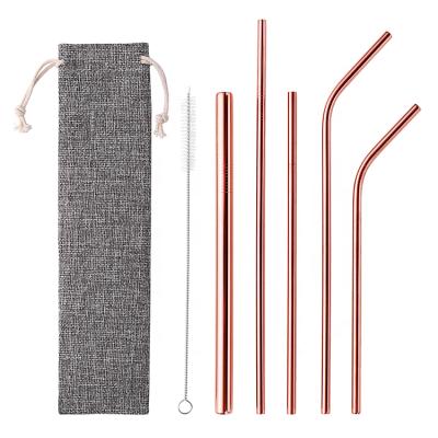 China Sustainable Hot Sale Stainless Steel Straw Rose Gold Metal Set Colored Drinking Straw With Bag for sale