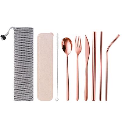 China Viable Stainless Steel Rose Gold Cutlery Set, Reusable Straw Travel Utensils Camping Portable Knife Fork Spoon Cutlery Set for sale