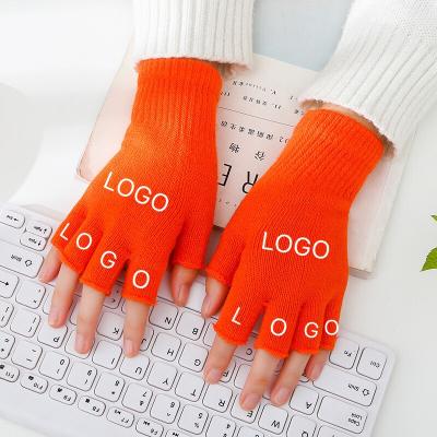 China Men Women Solid Color Winter Simple Acrylic Knit Logo Gloves Office Computer Typing Custom Made Half Finger Knitted Gloves for sale