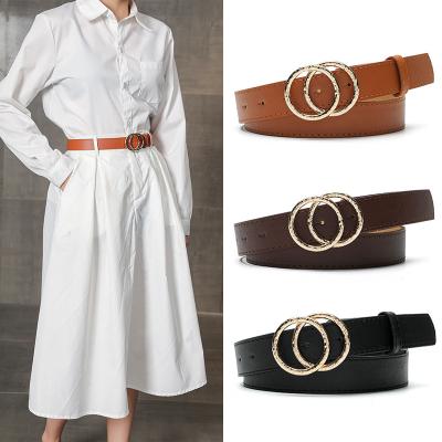 China ALLOY Women's PU Leather Belt Double O Ring Fashion Soft Faux Leather Waist Belt for sale