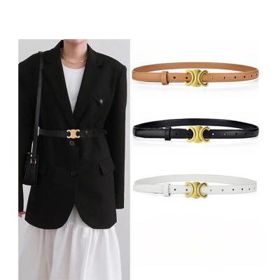 China Solid Color Skinny Fashion Belt Leather Cowhide Cowhide Women's Coat Slim Waist Belt With Gold Buckle for sale