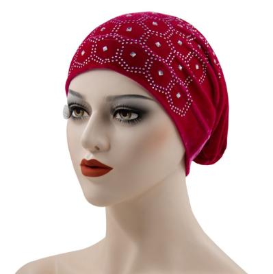 China Picture Women Fashion Crystal Muslim Hijab Inner Cap Underscarf Winter Velvet Stretch Hooded Turban Under Hat For Hijab for sale