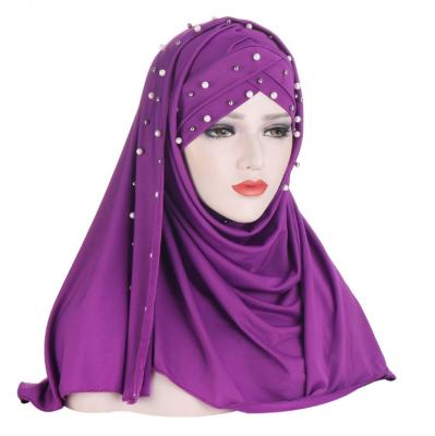 China Milk Silk Women's One Piece Amira Beaded Instant Hijab Ready To Wear Soft Milk Silk Head Wrap Muslim Head Scarf for sale