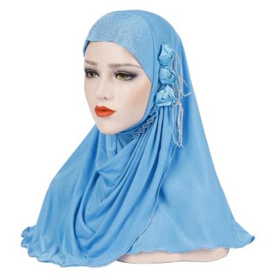 China One Piece Muslim Snap Hijab Tassel Applique Head Wrap Scarf Women Three Pieces Milk Silk Shawl With Rhinestones for sale