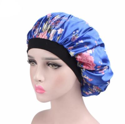 China Multicolor Image Satin Sleep Hat Lounge Hood Beanie Night Hat Elastic Wide Band Slouchy Hat With Adjustable Strap for sale