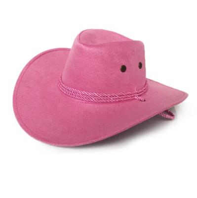 China Image Faux Felt Cowboy Hat Fedora Outdoor Wide Brim Women Western Pink Cowboy Hat With Strap for sale