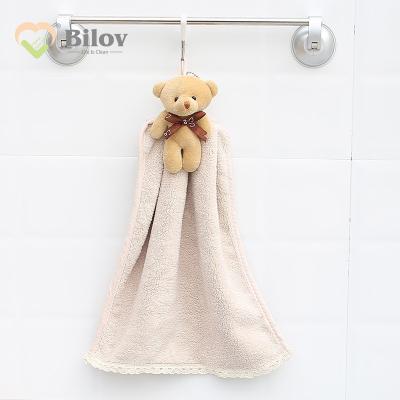 China Cute Bear Hanging Coral Fleece Hand Towel Plush Towel Kitchen Bathroom Child Safe Wash Absorbent Quick Dry Cloth Toiletry for sale