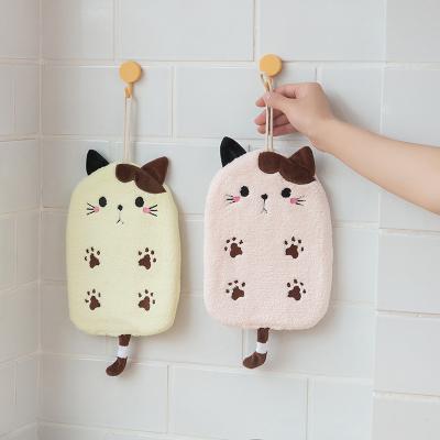 China Cat Embroidered Hand Drying Towel Coral Velvet Bathroom Absorbing Towel Cute Kitchen Dish Absorbent Quick Dry Cloth Safe For Kids for sale