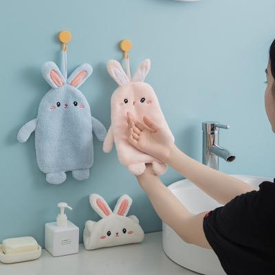 China New Style Child Safe Warp Knitted Hand Drying Towel Coral Fleece Cartoon Rabbit Hand Towel Hanging Soft Absorbent Kitchen Bathroom Fabric for sale