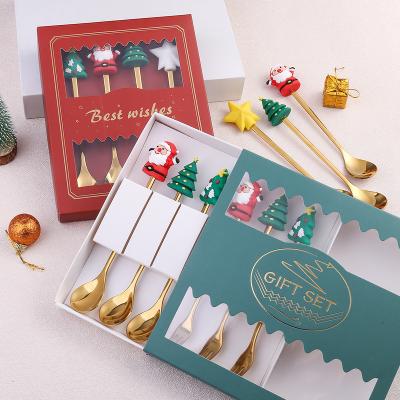 China 6 Pcs Christmas Viable Gift Stainless Steel Cutlery Set Milk Pendant Tea Spoon Christmas Fork Gold Spoon Mixing Spoon for sale