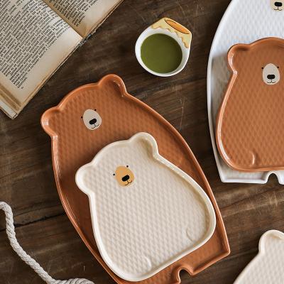 China Lovely Bear Sustainable Home Ceramic Dumplings Dish With Vinegar Dish Ins Parent Child Dinner Dish Splint for sale