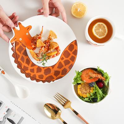 China Creative cute cartoon children's rice bowl dish color box tableware animal embossed set viable ceramic giraffe tableware animal embossed set for sale