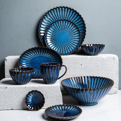 China Luster Variable Bowls Viable Wholesale Japanese Retro Stain Oven and Western Dish Creative Blue Ceramic Steak Dish Dinnerware Set Dish for sale