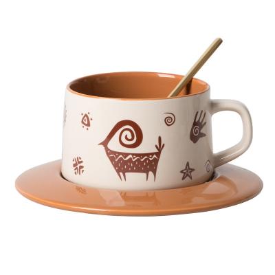 China Retro Viable Tribal Ethnic Style Restaurant Plus Logo Coffee Cup And Saucer Set Pull Flower Home Tea Cup Thick Ceramic Saucer for sale