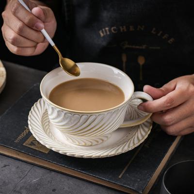 China Sustainable Handmade Japanese Style Old Retro Coffee Cup Saucer Parboil Spun Ceramic Milk Cup for sale