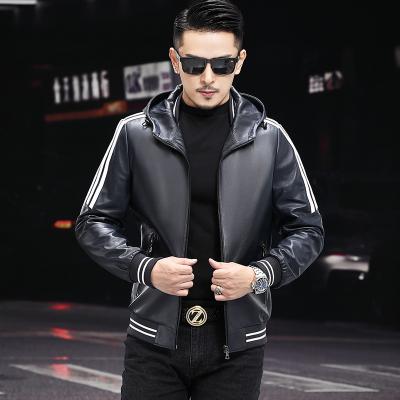 China 2021 Autumn New Real Sheep Leather Jacket Hooded Casual Men's Motorcycle Leather Jacket Zipper Anti-UV Lapel Zipper for sale