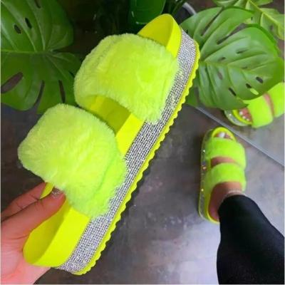 China CUSHIONING platform ladies plush slippers / fashionable faux stone letters indoor ladies beach slippers / flat shoes ladies slippers for sale