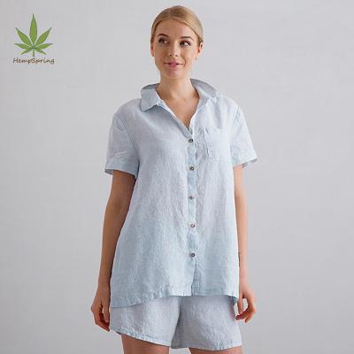 China Thermal natural linen pajamas set shorts washed women's linen home pajamas shorts ladies night wear pure linen suit for women for sale