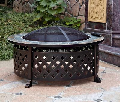 China 35inch Round Stocked Fire Pit Table With Lattice Design Rack for sale