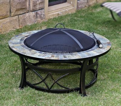 China Stocked Top 34inch Round Slate Fire Pit Table With Decorative Rack for sale