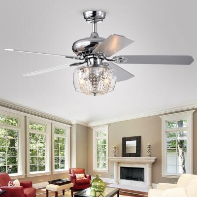 China Positive or Back 5 Reversible Remote Control Crystal Ceiling Fan Light Modern Raindrop Chandelier Wooden Chrome Blades for Bedroom Restaurant for sale