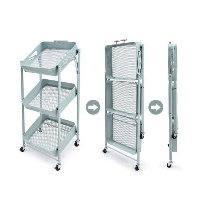 China Viable Wholesale Tri-Tier Serving Foldable Rolling Racks Kitchen Organization Trolley Cart Shelving Rack Kitchen Rack Storage for sale