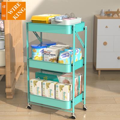 China WIREKING Metal Folding Folding Trolley Folding Rolling 3 Tier Tolley Foldable Kitchen Serving Organizer Trolley Trolley for sale