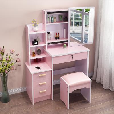 China Pink Storage Dressing Table Bedroom Makeup Vanity Dressing Table With Led Mirror And Drawers for sale