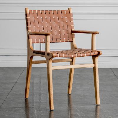 China (Other) Modern Adjustable Woven With Leather Wrap Around Oak Frame Dining Chair for sale