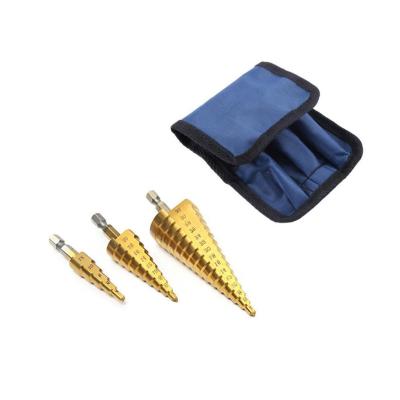 China A drill bit could be used in various size 3Pcs titanium drill hole brocas escalonada para de metal broca cone shape HSS step drill bit set for metal tube sheet drilling for sale