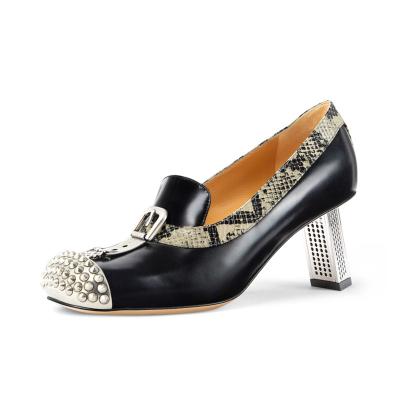 China 2023 Hot Selling Breathable High Heels Metal And Snakeskin Rivet Around Toe Women Heels Shoes And Pumps for sale