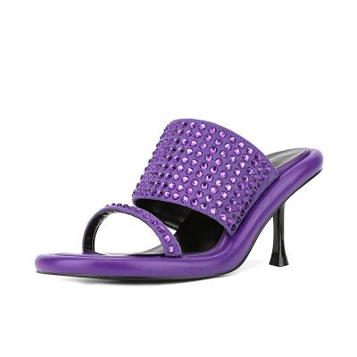 China Fashion Curvy Women Slides Slipper With Showy Designer Sexy Open Toe Ladies Mules Rhinestone Purple Girls Sandals Summer High Heel for sale