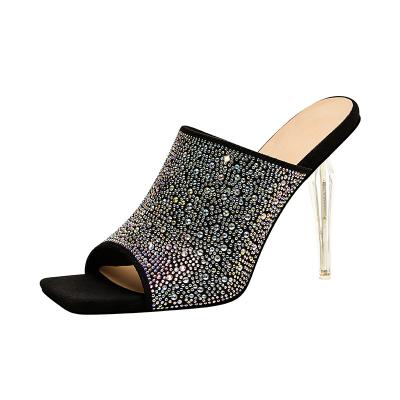 China New Square Toe Stiletto Shaped Heels Super High Heel Faux Stone Round Peep-Toe Sexy Luxury Party Slippers For Women for sale