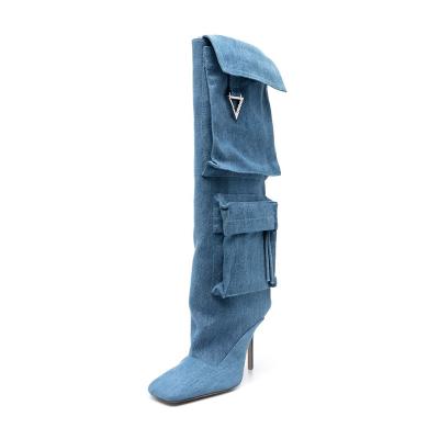 China Sexy Hot Sale Round Pocket Design Over The Knee Side Zipper Women Denim Boots for sale