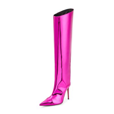 China Around 2023 New Fashion Metallic Shoes Women Mirror Leather Pointed Toe Stiletto High Heels Long Boot Knee High Boots for sale