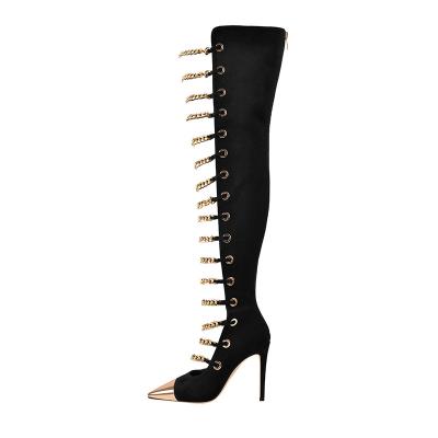 China Round OEM / ODM Womens Boots Stiletto Heel Pointed Toe Chain Strap Link Detail Over The Knee Boots for sale