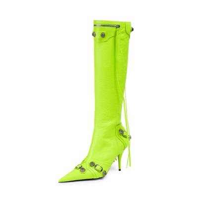 China Toe Stiletto Side Opening Zipper Headed Round Boots Rivet Buckle Knee Large Size Boots Knee High Heel Boots for sale