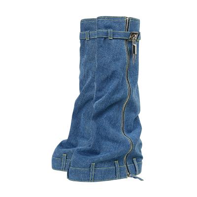 China Women Thick High Knee Boots Denim Soles Shark Lock Round Metal Zipper Cowgirls Boots Toes Slip On Runway Party Shoes For Lady for sale