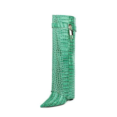 China Round OEM 2023 Custom Women/Odm Fashion Show Boot Slip Over Long Black Leather Knee High Boots Wedge Heeled Boots for sale