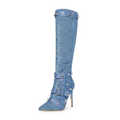 China Hot Selling Women Round Ins High Heel Rivet Calf Mid Peep Toe Denim Boots for sale