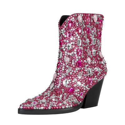 China New arrivals women's stiletto boot high quality wholesale round rhinestone heel ankle boots for sale