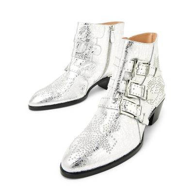 China New 2023 Ladies Round Fancy Shoes Wedges Rivet Warm Winter Silver Boots for sale