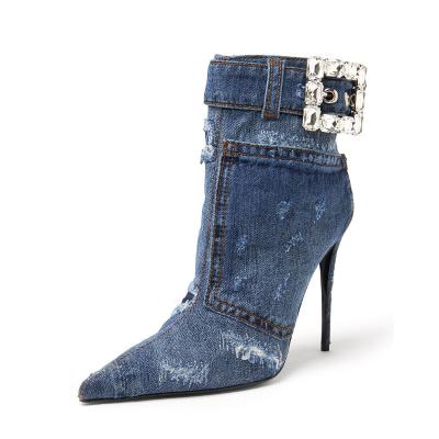 China Stylish Round Denim Material Stiletto High Heel Shoes Toe Side Zipper Luxury Ankle Headed Sexy Heels High Quality Women Shoes for sale