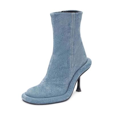 China Fashion Style Ankle Boots Designer Round Toe Stiletto High Heel Custom Comfort Denim Soft Boots for sale