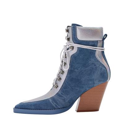 China Fashionable Round Belt Barrel Casual Long Platform Cowboy Heels 2023 Wrapped Denim Shark Lock Biker Boots For Women for sale